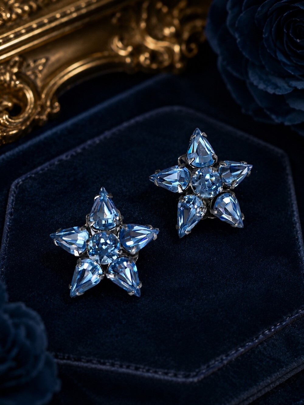 Vintage Unsigned Designer-Style Light Sapphire Blue Rhinestone Starburst Clip-On